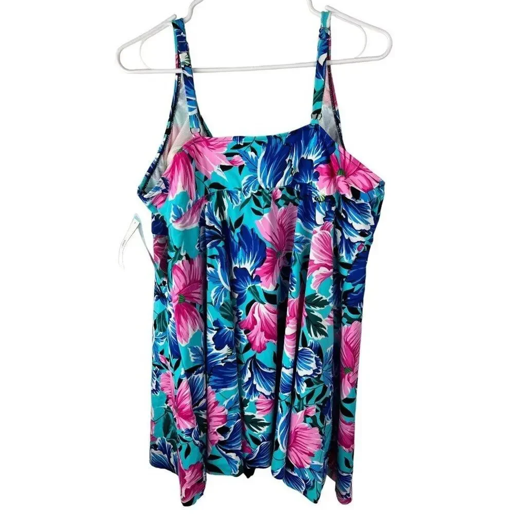 Swim Solutions Plus Size Blue Pink Floral One Piece Swimsuit 22W - Picture 2 of 8
